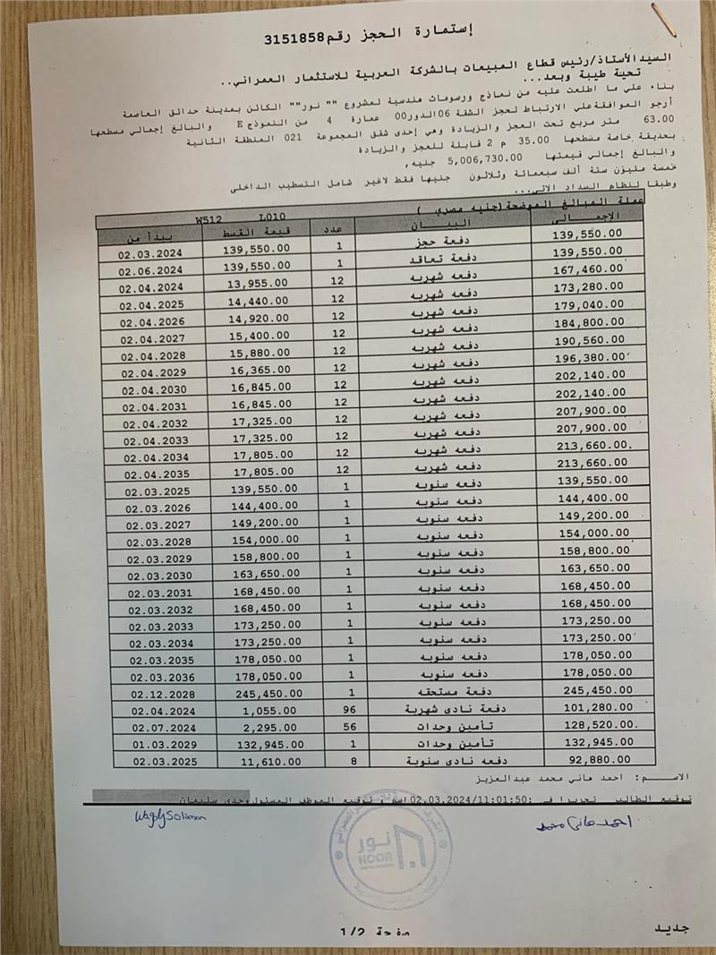 شقة فى مشروع نور - حدائق العاصمة الادارية 63 م2 بحرى للبيع تقسيط كود 52559 - صورة 1