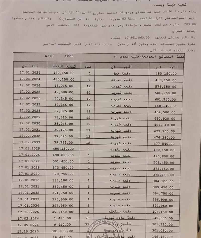 شقة فى مشروع نور - حدائق العاصمة الادارية 209 م2 بحرى للبيع تقسيط كود 52623 - صورة 1