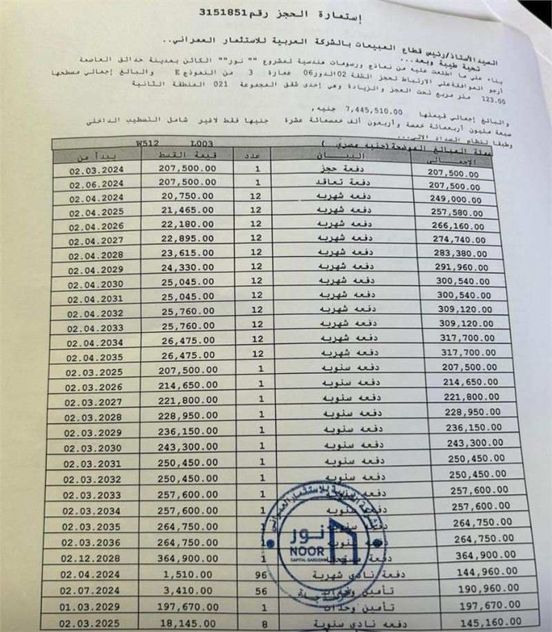 شقة فى مشروع نور - حدائق العاصمة الادارية 123 م2 بحرى للبيع تقسيط كود 52975 - صورة 1
