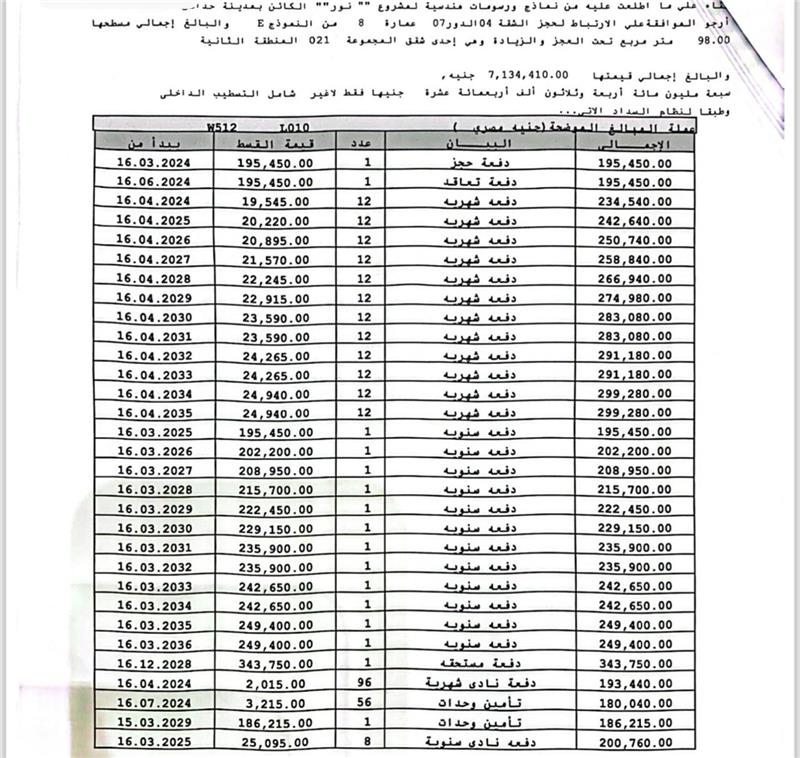 شقة فى مشروع نور - حدائق العاصمة الادارية 98 م2 بحرى للبيع تقسيط كود 52705 - صورة 1