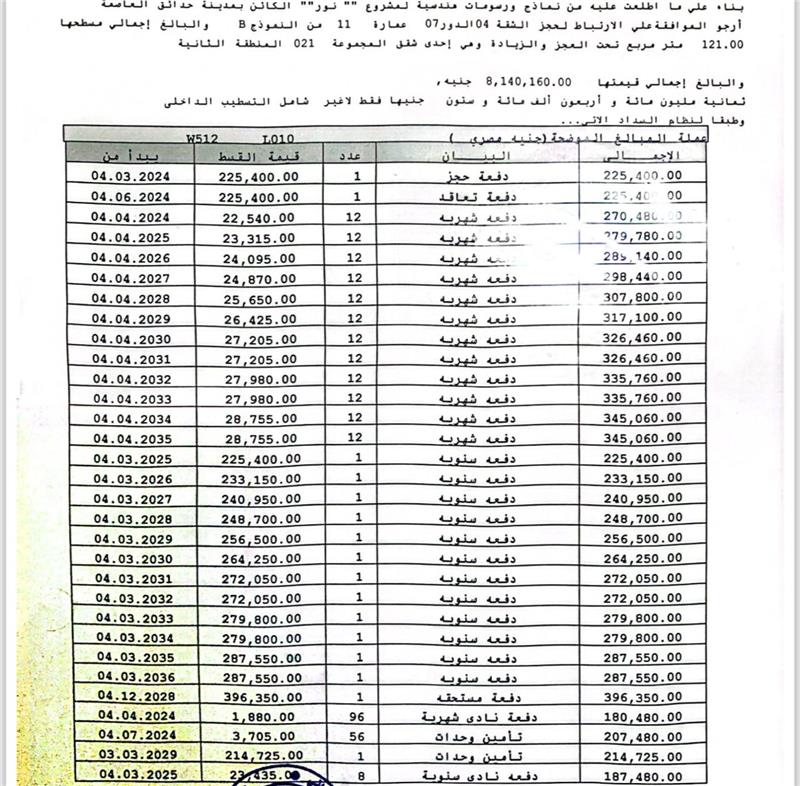 شقة فى مشروع نور - حدائق العاصمة الادارية 121 م2 بحرى للبيع تقسيط كود 51593 - صورة 1
