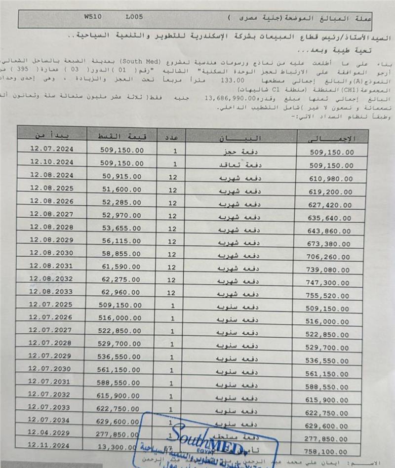 شالية فى ساوث ميد 133 م2 بحرى للبيع تقسيط كود 52414 - صورة 1