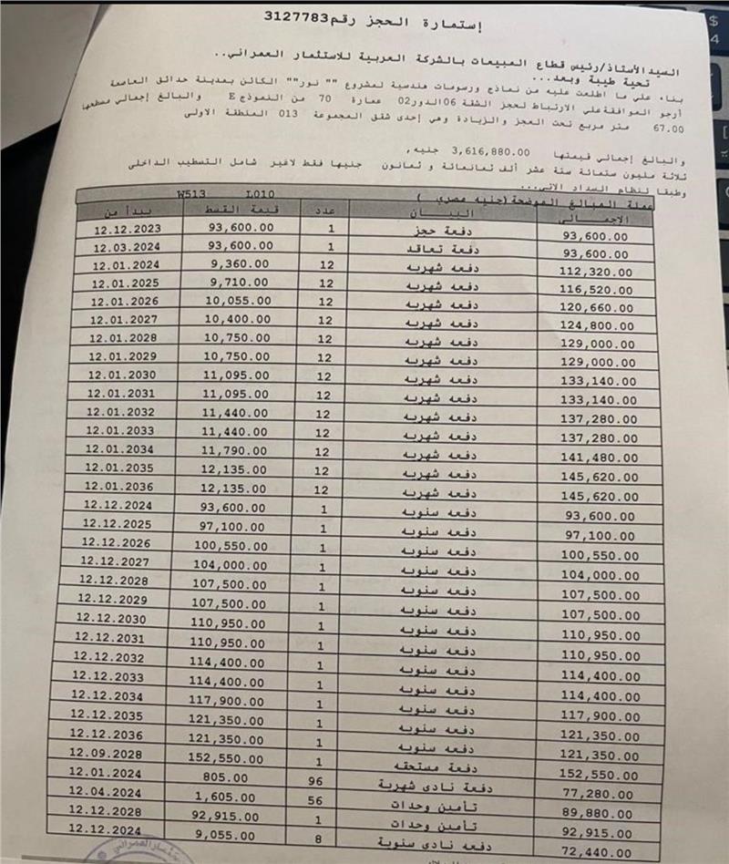 شقة فى مشروع نور - حدائق العاصمة الادارية 67 م2 شرقى للبيع تقسيط كود 52090 - صورة 1