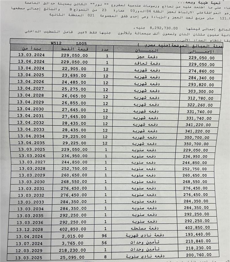 شقة فى مشروع نور - حدائق العاصمة الادارية 121 م2 غربي وقبلي للبيع تقسيط كود 53519 - صورة 1