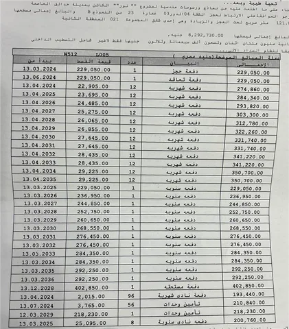 شقة فى مشروع نور - حدائق العاصمة الادارية 121 م2 غربي وقبلي للبيع تقسيط كود 53519