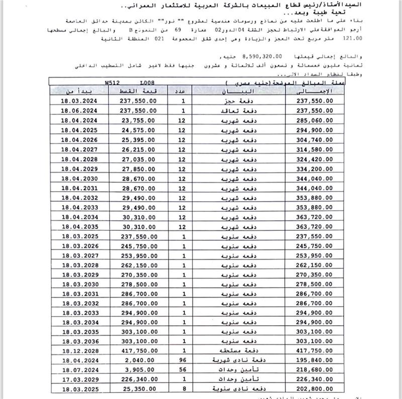 شقة فى مشروع نور - حدائق العاصمة الادارية 121 م2 بحرى للبيع تقسيط كود 52898 - صورة 1