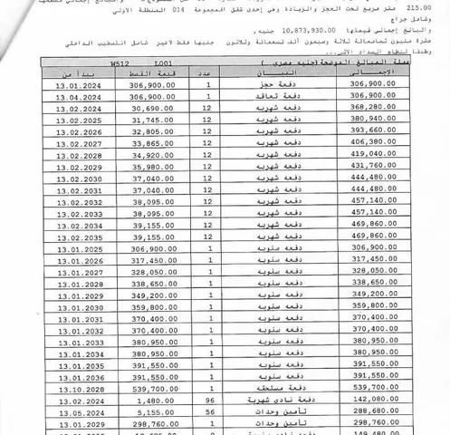 شقة فى مشروع نور - حدائق العاصمة الادارية 215 م2 بحري وشرقي للبيع تقسيط كود 50777