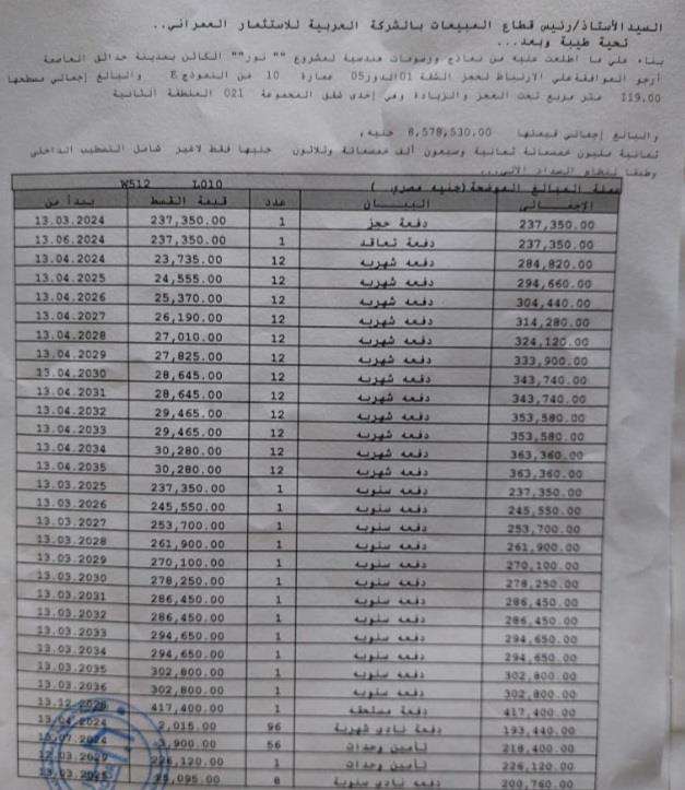 شقة فى مشروع نور - حدائق العاصمة الادارية 119 م2 قبلى للبيع تقسيط كود 51188 - صورة 1