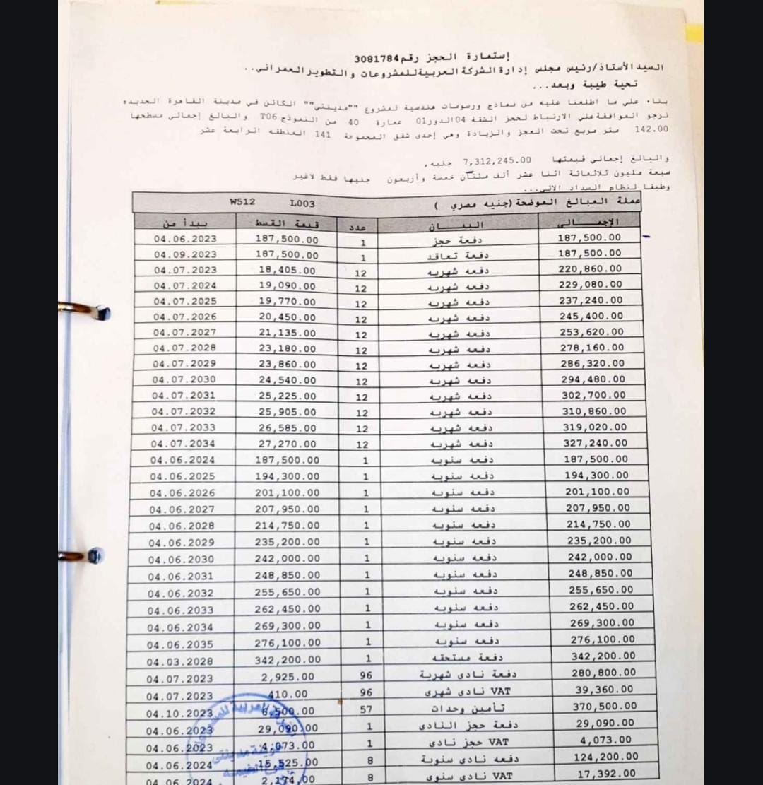 شقة فى مدينتى 142 م2 غربى للبيع تقسيط كود 55512